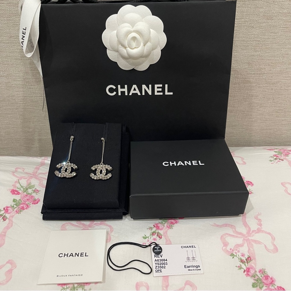 CHANEL Baguette Crystal CC Drop Earrings Silver